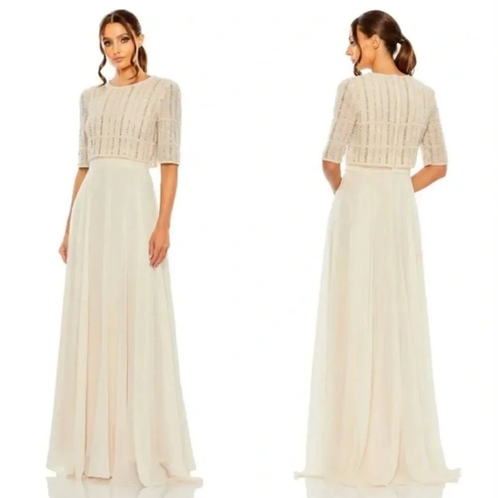 MAC DUGGAL 9180 Nude Chiffon Gown Fully Beaded 1/4 Sleeve Top Size 20 Glam